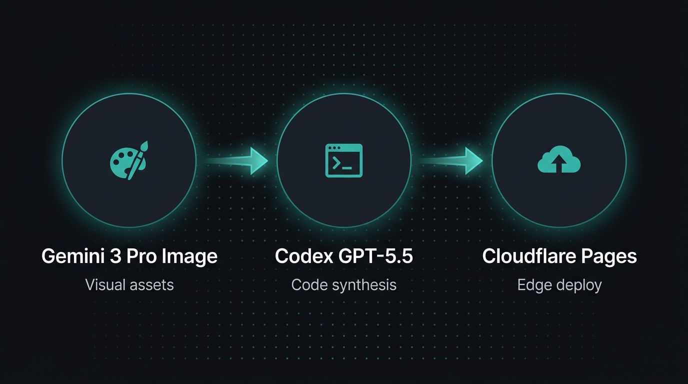 Pipeline diagram showing Gemini image generation, Codex code synthesis, and Cloudflare Pages deploy