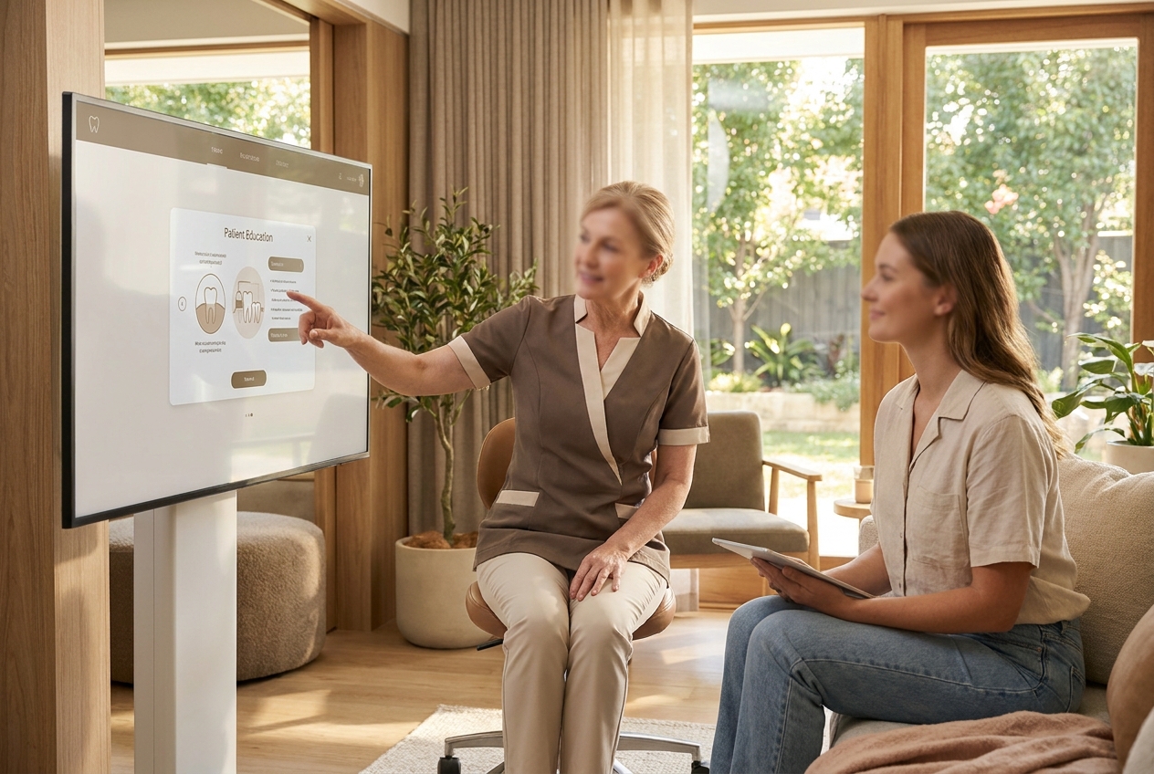 診療前にタブレットで説明動画を確認する患者と歯科スタッフ