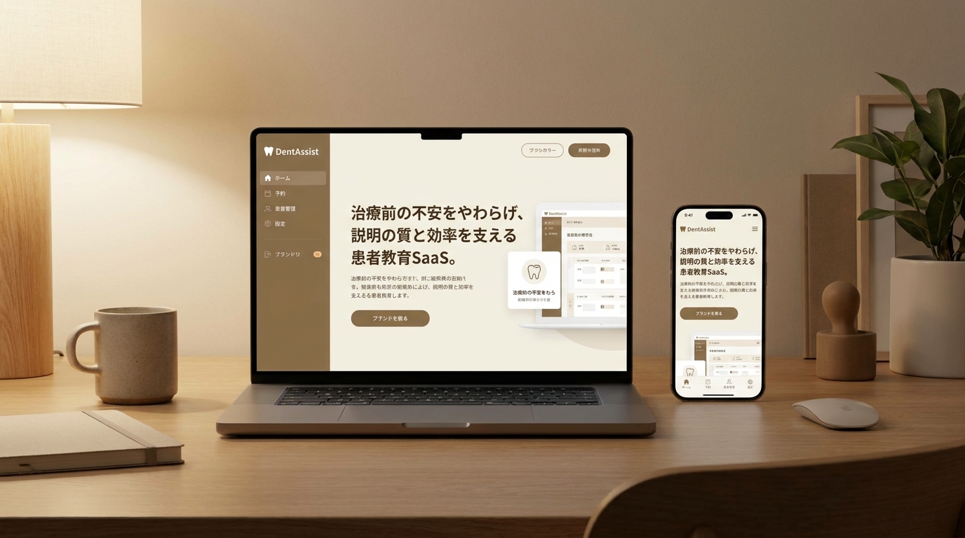 DentAssistの管理画面と患者向け視聴画面を表示したノートPCとスマートフォン