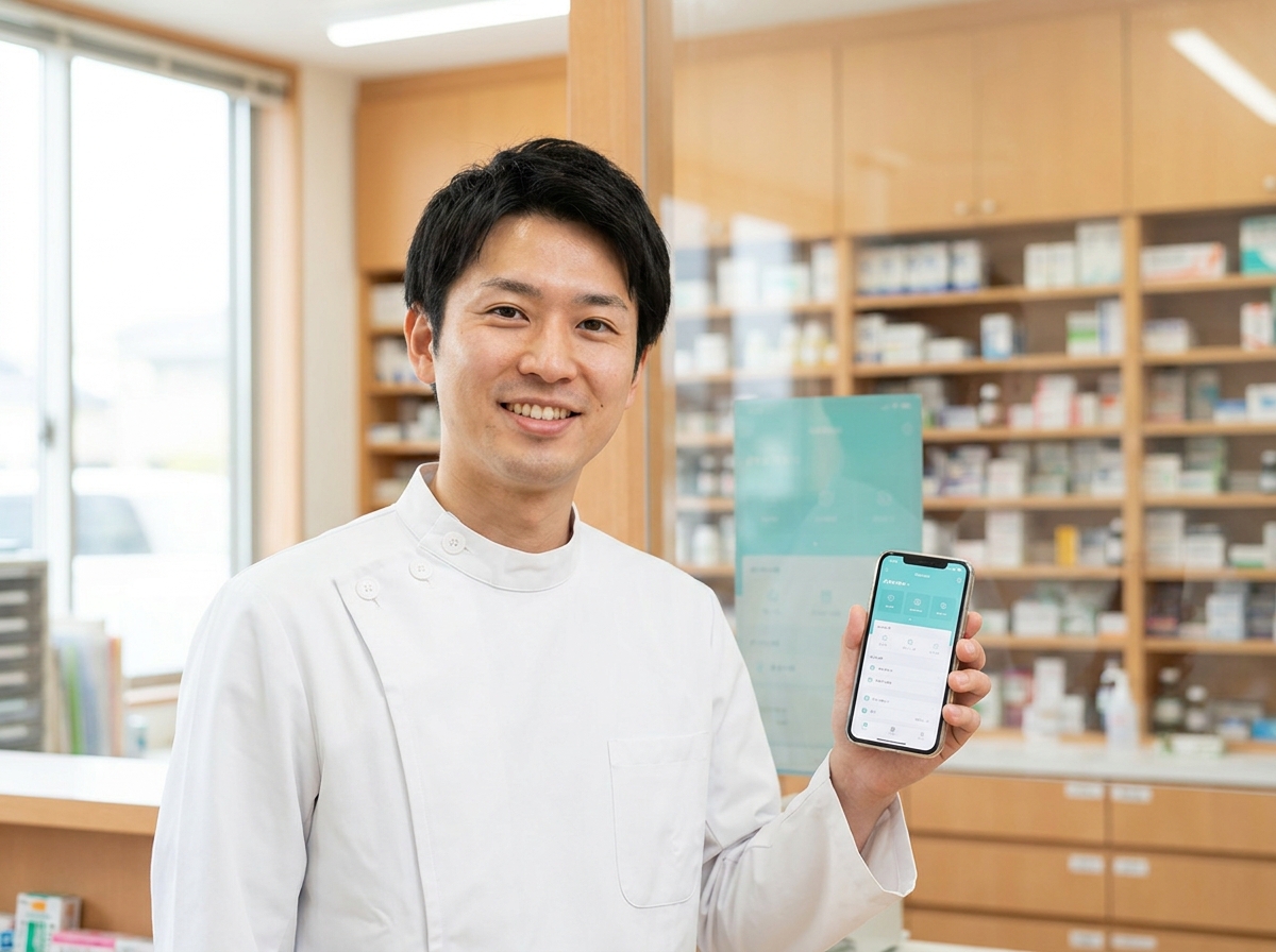 薬局でMitorixの画面を提示する薬剤師
