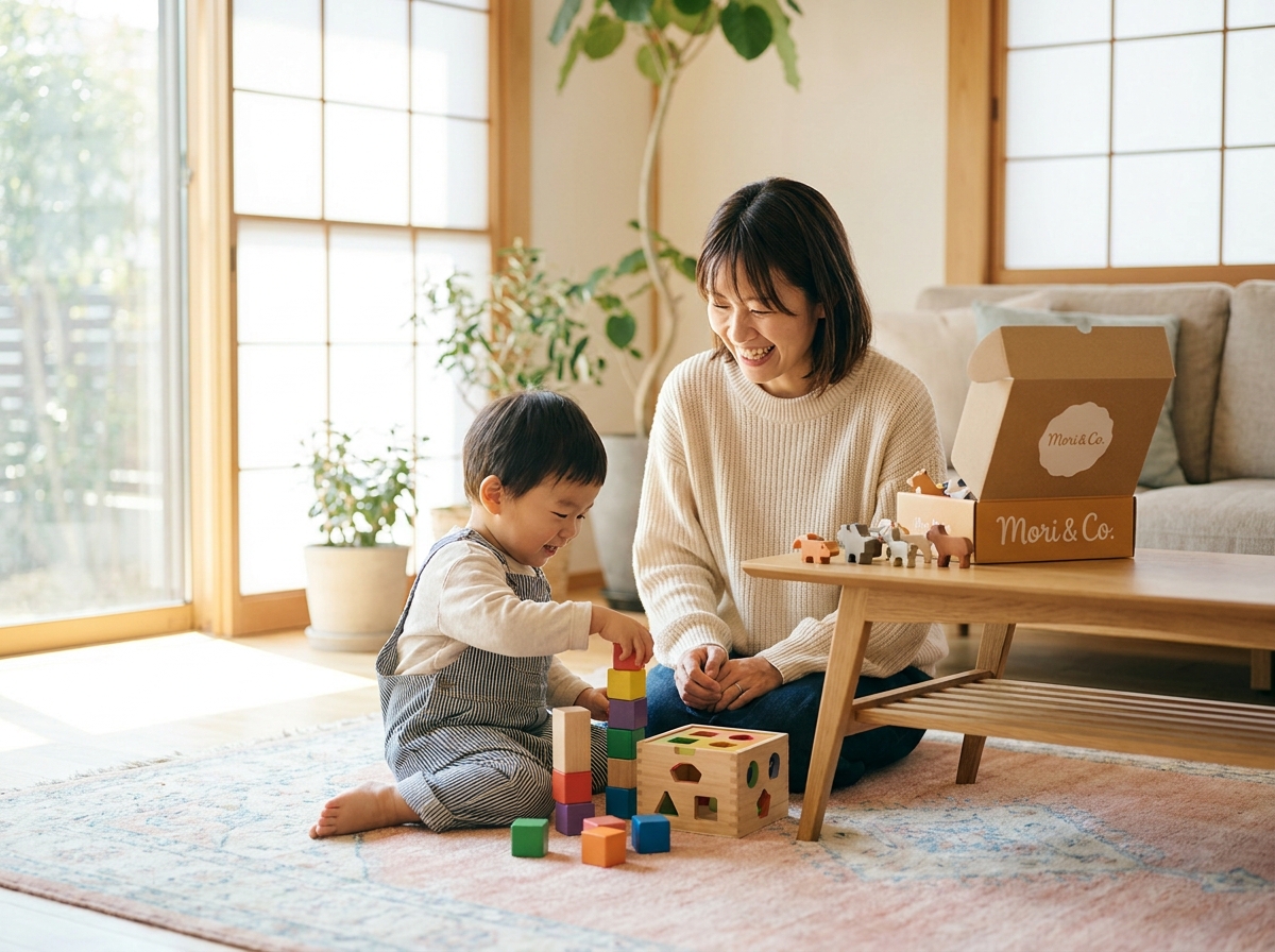 明るい部屋で親子が知育玩具で遊んでいる様子