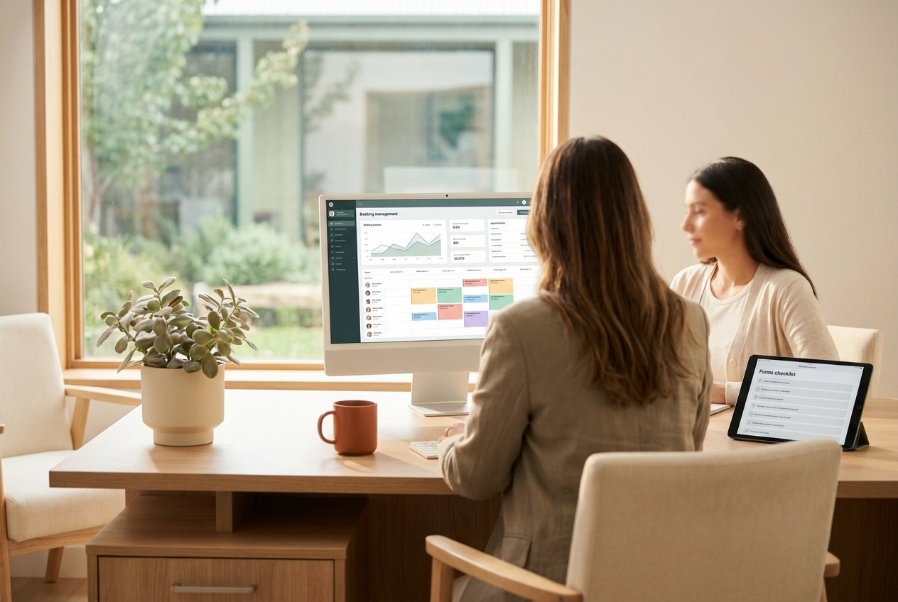 受付スタッフがタブレットで予約状況を確認するクリニックの利用シーン