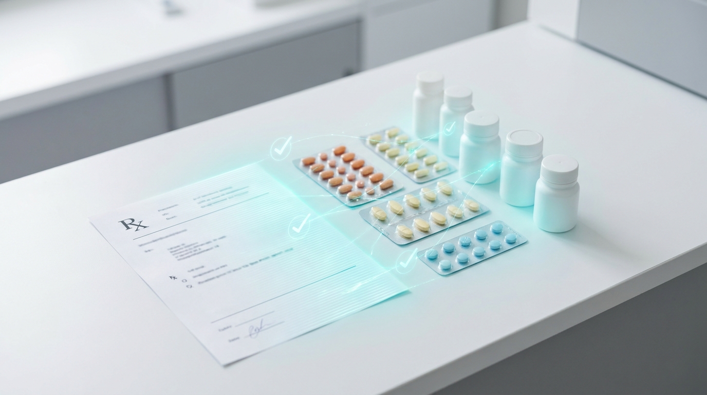 薬局カウンター上の処方箋と薬をAIが照合している様子