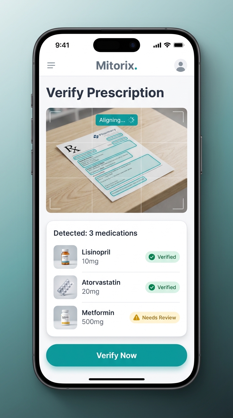 Mitorixモバイルアプリで処方箋を撮影し薬剤を検出している画面